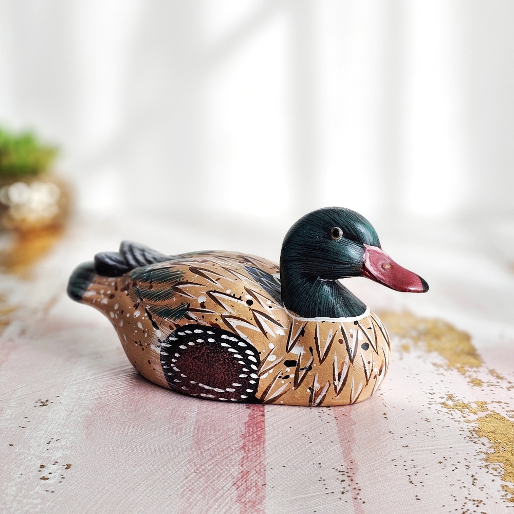 Vintage Hand Painted Ceramic Duck Figurine Rustic Farmhouse Decor Mallard
